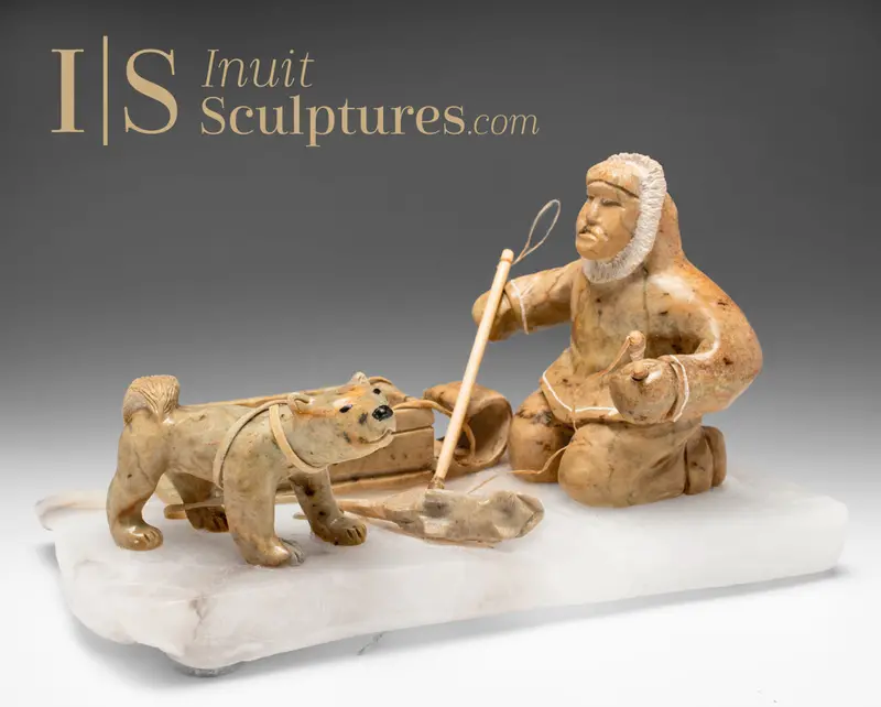 10-Inch Signed Inuit Sculpture: Hunter With Dog By Peter K. – Chinook 1