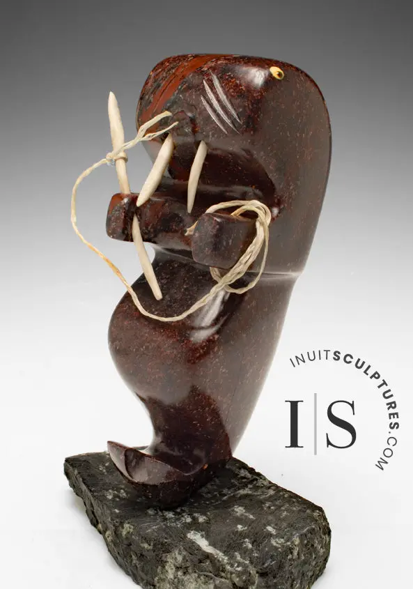 10-Inch Walrus Hunter Carving By Jeffery Ullulaq – 'At The End Of My Rope' 1