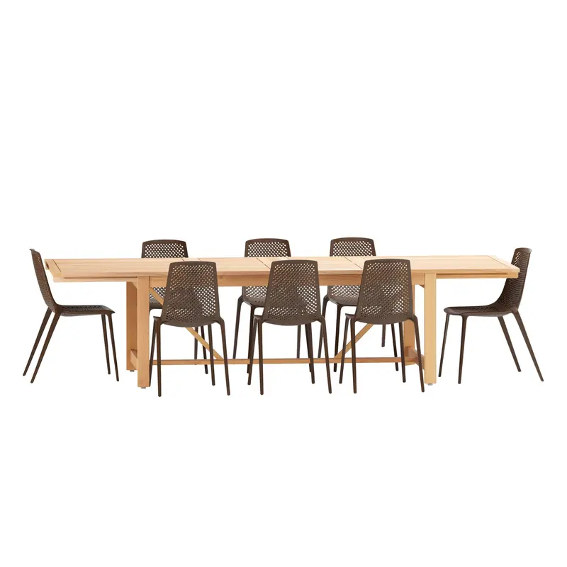11-Piece Brown-Stackable-Chair Extendable Dining Set – Elegant Teak Outdoor Ensemble 1