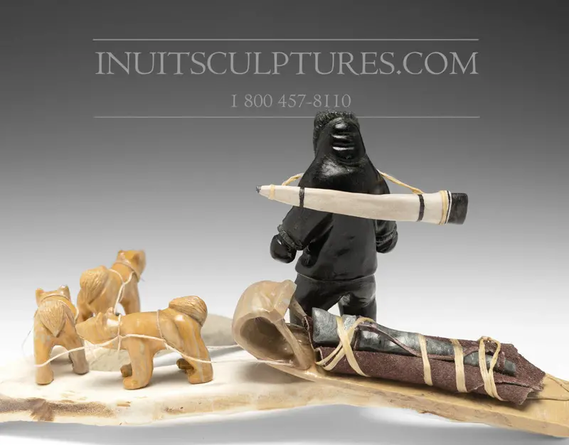 12-Inch Signature Hunter And Dog Sled Sculpture By Peter K. 1