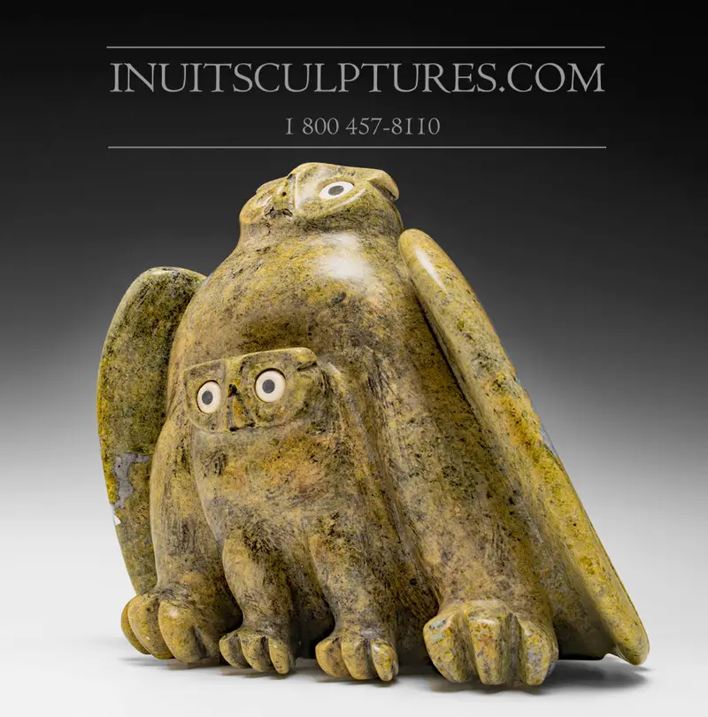 12-Inch Signature Twin Owl Sculpture By Joanasie Manning — 'Safe Harbour' 1