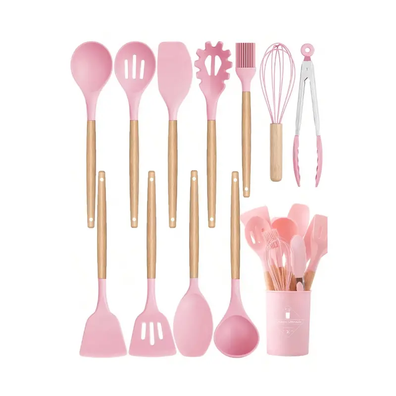 12-Piece Heat-Resistant Silicone Kitchen Tool Set – Bpa-Free Utensils With Wooden Handles & Storage Holder 1