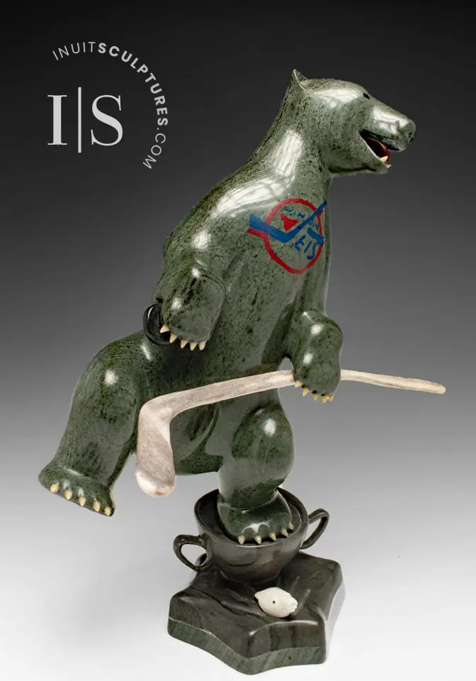 13-Inch Rare Hockey-Themed Bear Sculpture By Jimmy Iqaluq – 'Selänne' 1