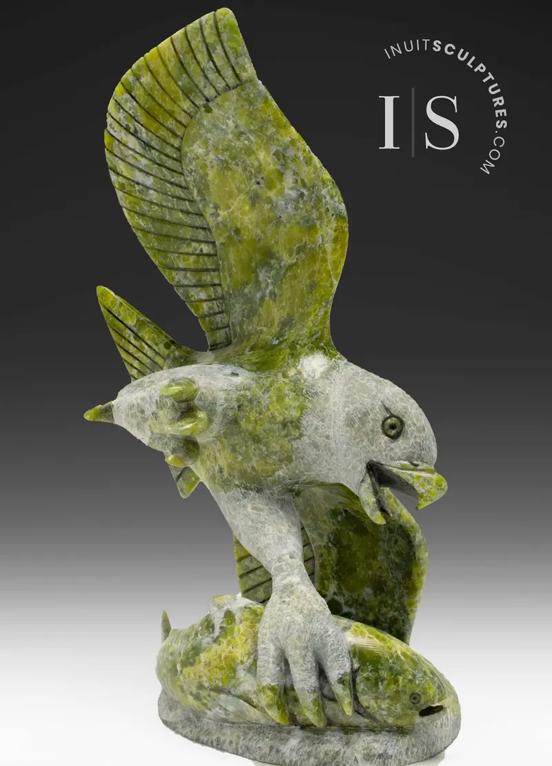 14-Inch Eagle And Fish Composition By Master Carver Pits Qimirpik 1