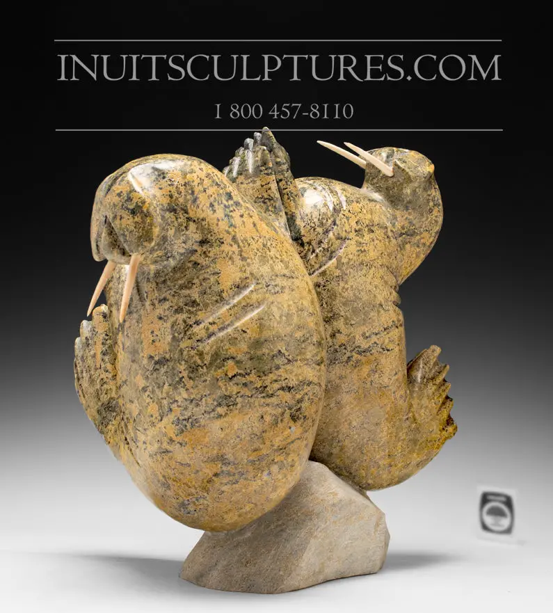 16-Inch Dancing Walruses Carving By Pits Qimirpik — 'Kissed By The Sun' 1