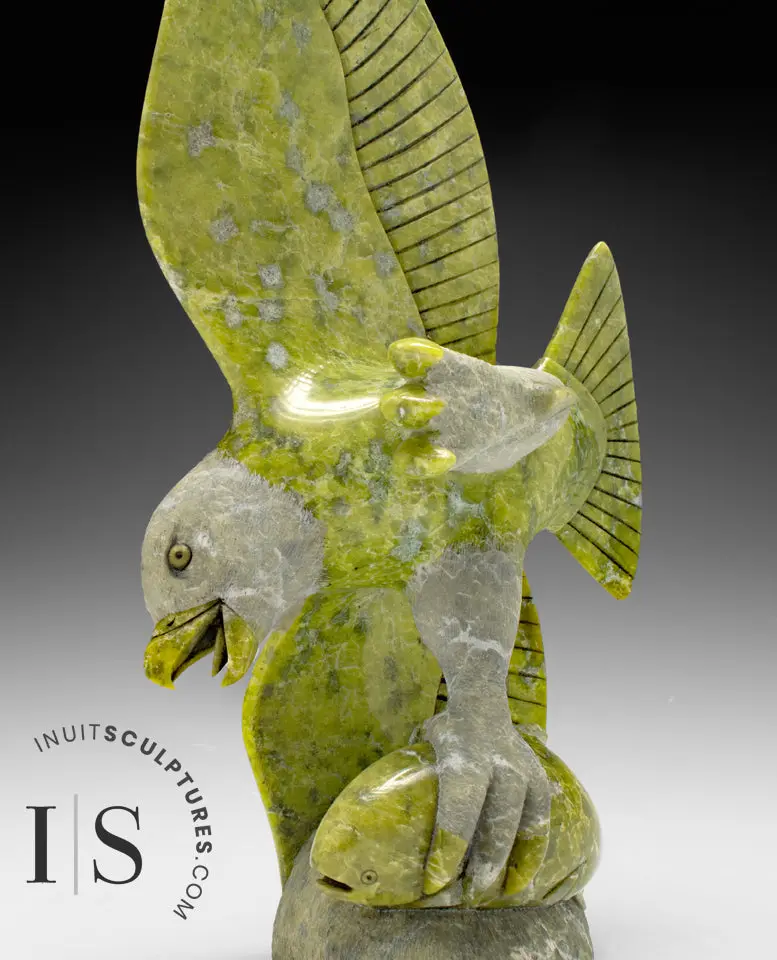 16-Inch Eagle And Fish Composition By Pits Qimirpik – Soaring Arctic Predator Art 'Solo Flight' 1