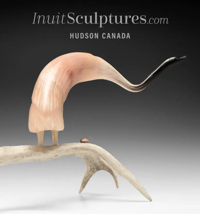 16-Inch Muskox Horn Crane With Egg Sculpture By Buddy Alikamik – Thea Edition, Ethereal Arctic Avian Art 1