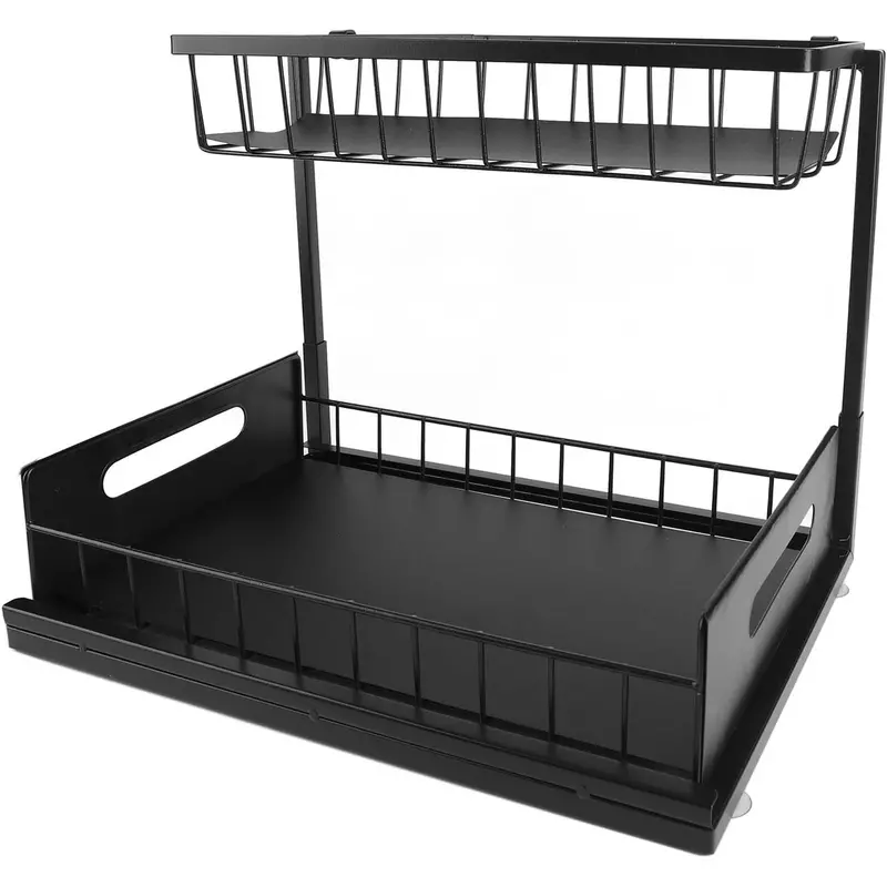 2-Tier Pull-Out Under-Sink Organizer – Black Metal Sliding Rack With Upper Basket, Smooth-Action Rails, And Space-Saving Design For Kitchen Or Bath 1