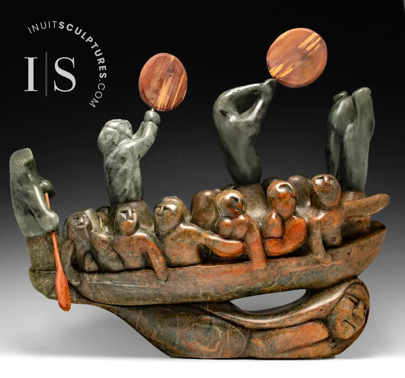 23-Inch Umiak Boat With Figures By Abraham Ruben – Benchmark Inuit Narrative Sculpture 'High Hopes' 1