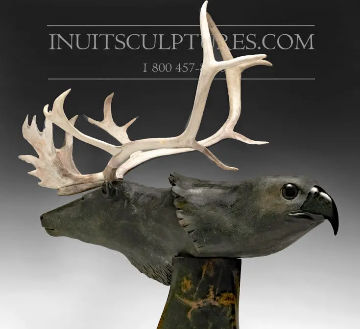 28-Inch Museum-Grade Caribou And Hawk Sculpture By Paul Malliki 1