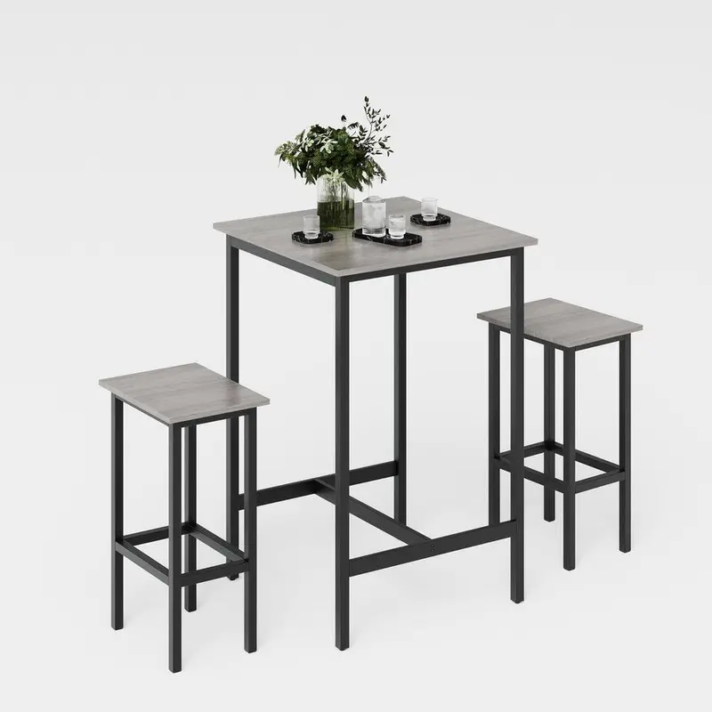 3-Piece Grey Bar Set – Compact Wood-Top Table With Two Matching Metal-Framed Stools For Kitchen Or Apartment Use 1