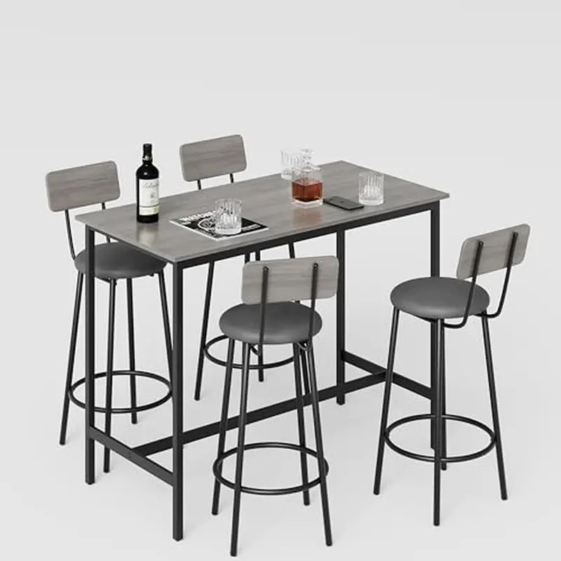 5-Piece Modern Bar Set – Steel-Frame Table With Four Pu-Padded Stools Featuring Backrests For Small-Space Dining 1