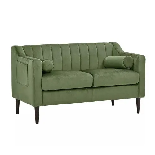 55-Inch Velvet Loveseat Sofa – Two-Seater Upholstered Sofa With Dual Accent Pillows And Convenient Side Pockets; Modern Green Design For Living Rooms 1