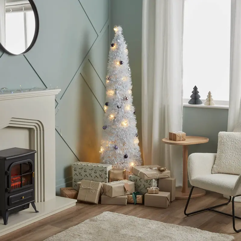 6Ft Slim White Artificial Christmas Tree – Pre-Lit With 40 Warm White Leds & Timer 1