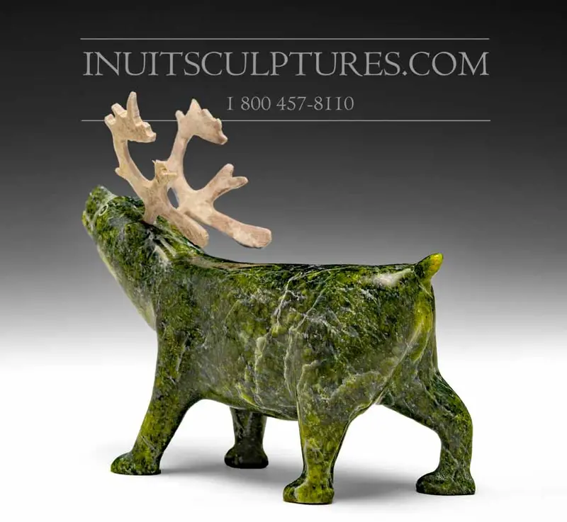 7-Inch Green Caribou Sculpture By Peter Aningmiuq 1