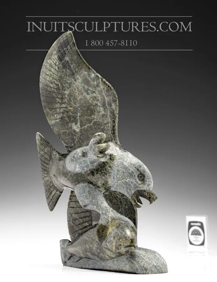 8-Inch Eagle Sculpture With Fish Motif By Pitseolak Qimirpik 1