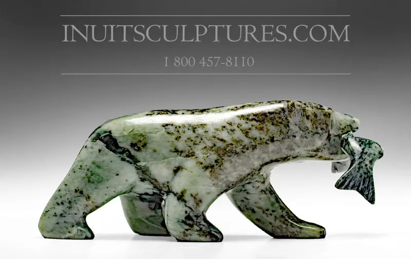 8-Inch Green Bear Holding Fish By Allan Sheutiapik 1
