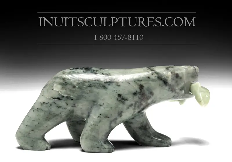 8-Inch Green Bear Holding Fish By Allan Sheutiapik 1