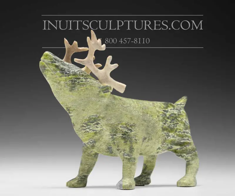 8-Inch Light Green Curious Caribou Carving By Peter Aningmiuq 1
