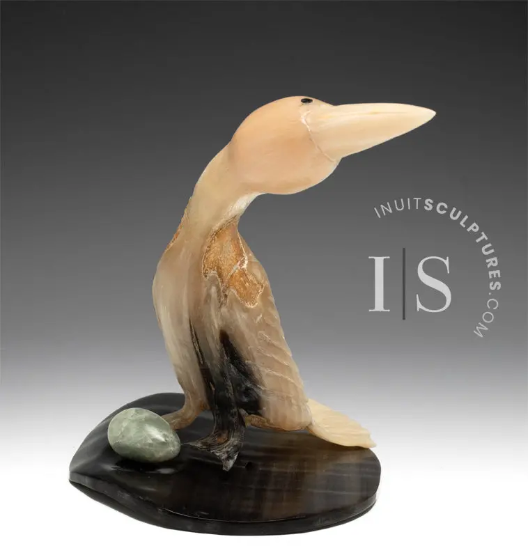 8-Inch Muskox Horn Crane Figure By Buddy Alikamik, 'Over Here!' 1