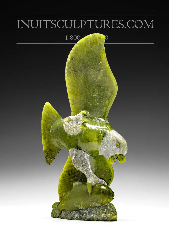 9-Inch Eagle Holding Fish In Apple Green Stone By Pitseolak Qimirpik 1