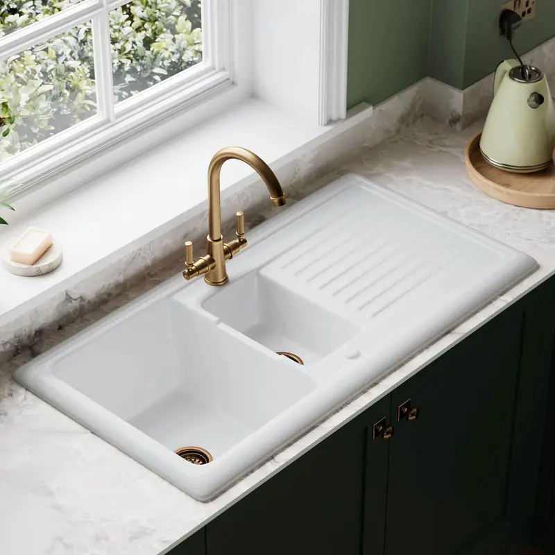 Abode Aged Brass Kitchen Mixer Tap – Dual Lever, Swivel Spout, Modern Faucet Design 2