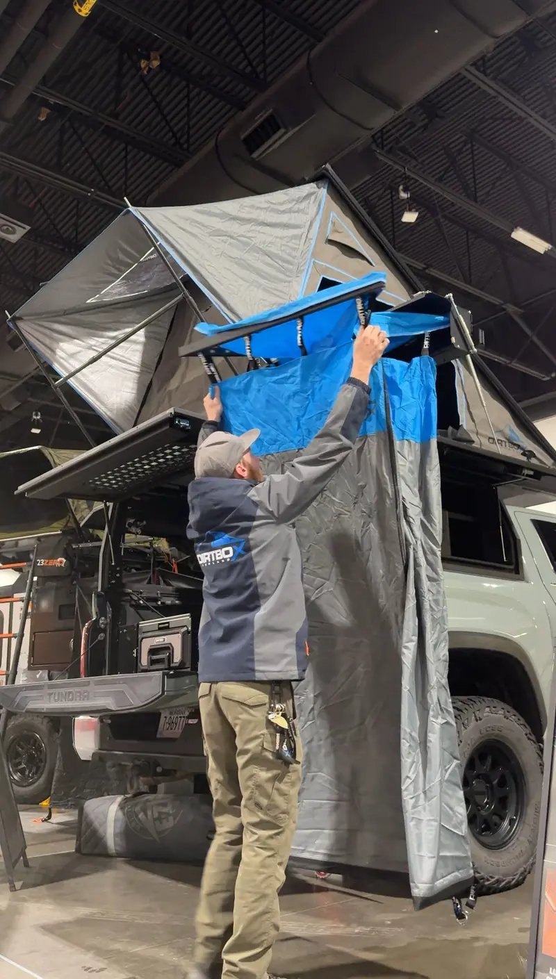 All-In-One Camp Shower & Bathroom Awning With 90° Swing-Out Design 1