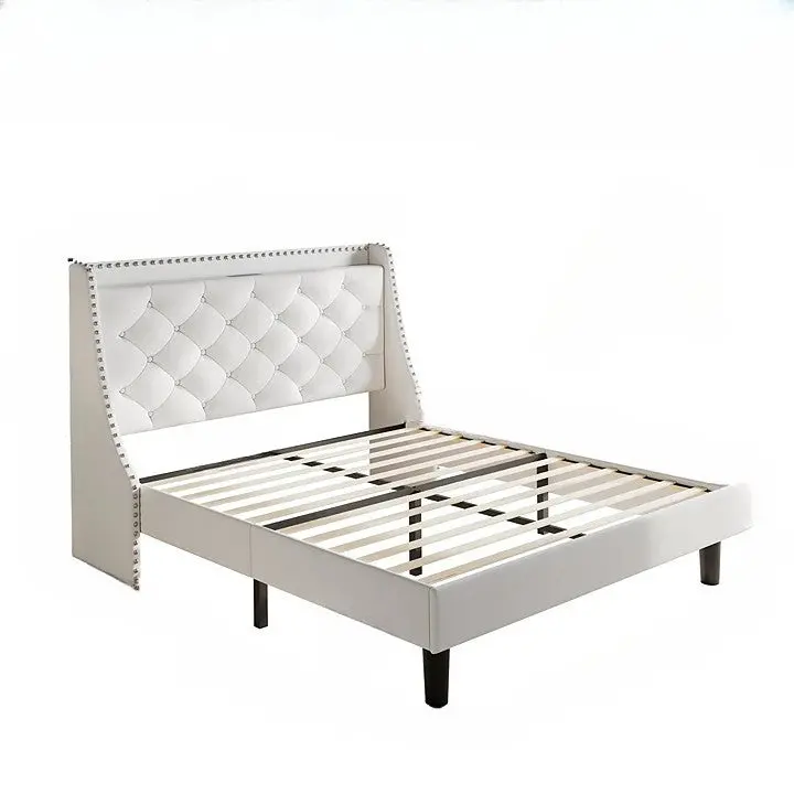 Beige Queen Wingback Upholstered Bed – Integrated Ac/Usb Charging Ports, Storage Shelf & Wooden Slat Support 1