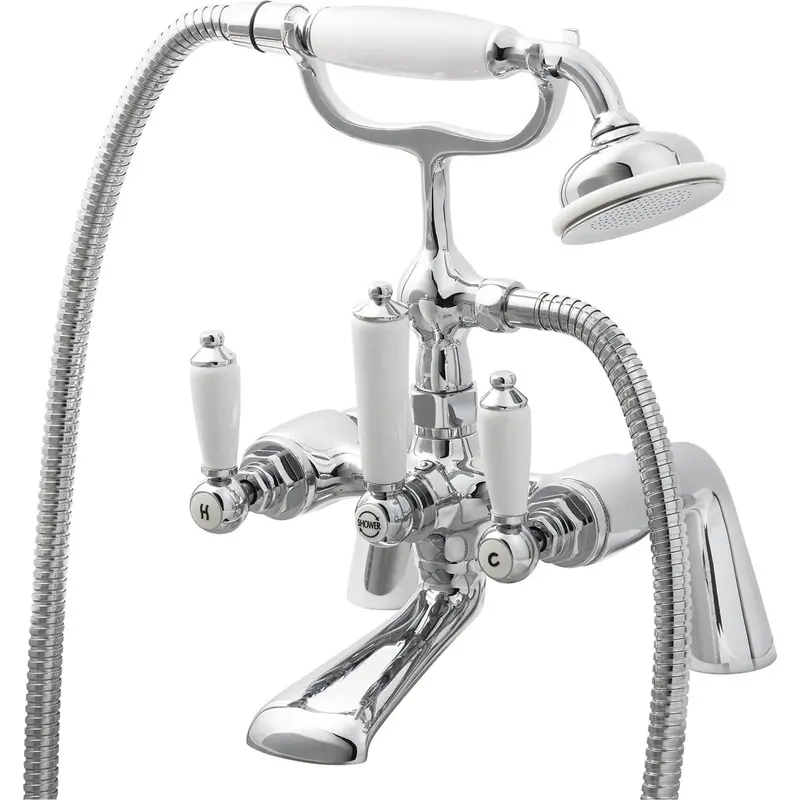 Brass Bath Filler Tap Set With Handheld Shower – Double-Lever Round-Head Bathroom Faucet 1