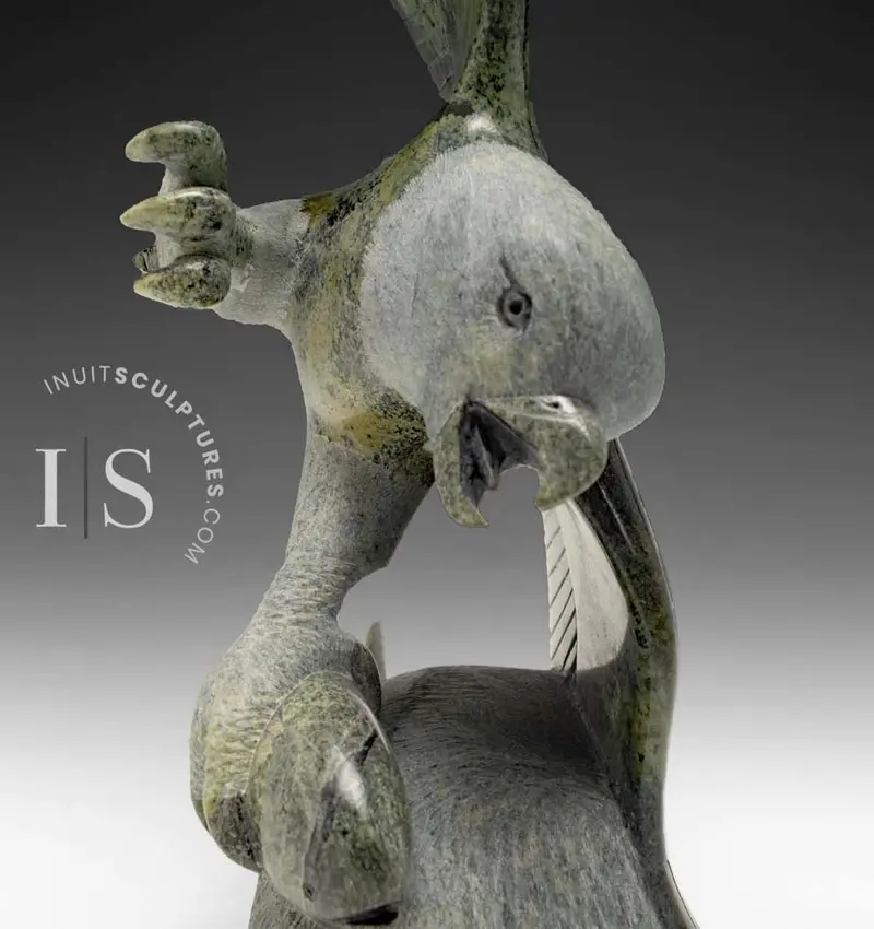 Eagle With Fish – 10" Signed Sculpture By Pits Qimirpik, Titled 'Expectation' 1