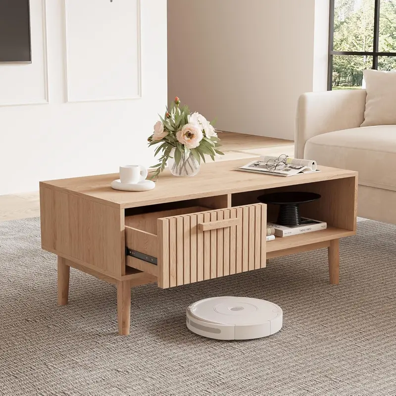 Farmhouse-Style Solid Wood Coffee Table – Modern Center Table With Drawer + Open Shelf, Natural Oak Finish, 100×50×43 Cm Dimensions, 180 Lbs Weight Capacity 1
