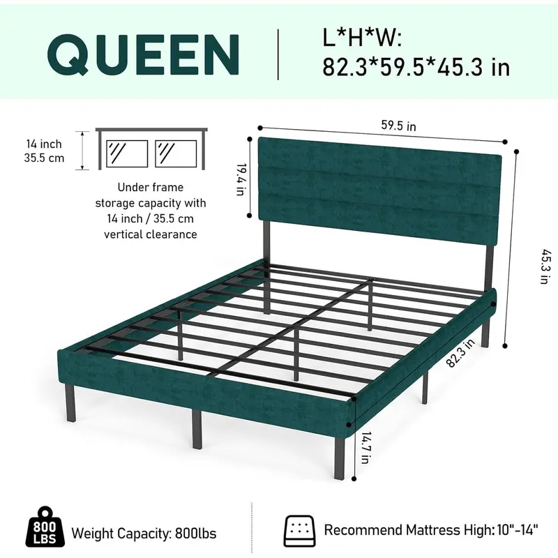 Green Queen Upholstered Platform Bed – Padded Headboard, Noise-Free Steel Slat System & 14-Inch Underbed Storage 1