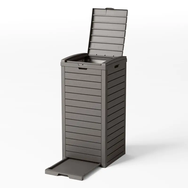 Grey 31-Gallon Outdoor Trash Can – Space-Saving Resin Garbage Bin With Leak Tray & Easy Assembly For Patios 1