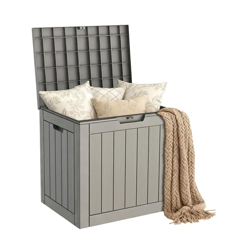 Grey Waterproof Outdoor Storage Chest – Lockable Resin Deck Box With Wood-Grain Texture & Built-In Handles 1