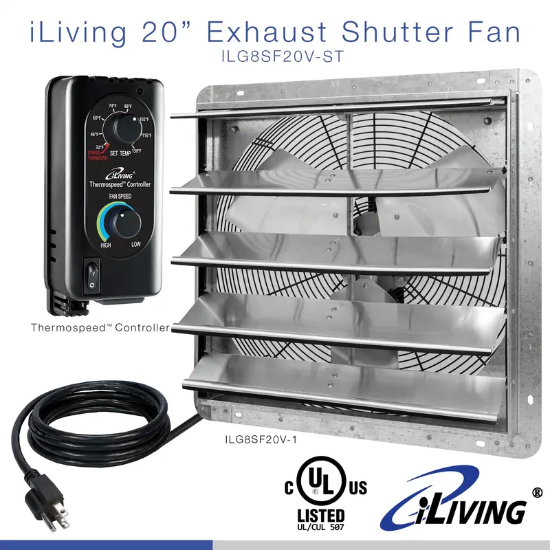 Iliving Ilg8Sf20V-St 20-Inch Wall-Mounted Shutter Exhaust Fan With Auto Shutter, Thermostat & Variable Speed Control – 3368 Cfm, Silver 1
