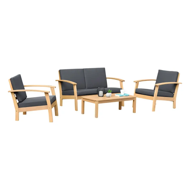 Kingsbury Teak-Finish Solid Wood Seating Set With Black Cushions 1
