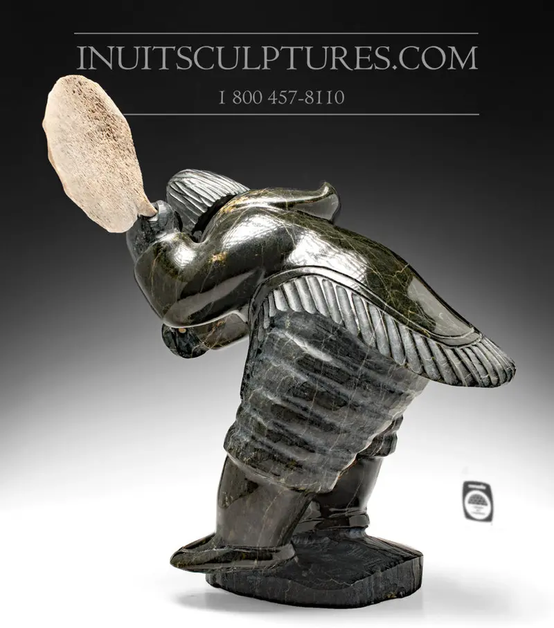 Large 50-Pound Eskimo Drum Dancer Sculpture With Teeth By Jaco Ishulutak 1
