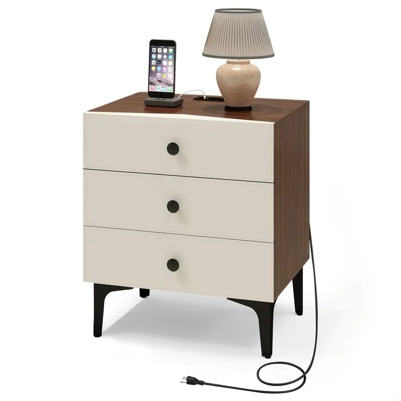 Modern 3-Drawer Nightstand With Built-In Charging Station – Wooden Bedside Table Featuring Faux-Leather Fronts, Ac Outlet, Dual Usb Ports, And Usb-C Port 1