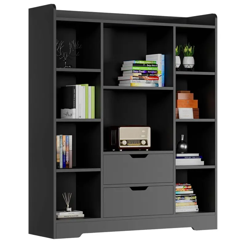 Modern 47" Bookshelf With Drawers – Black Storage Cabinet Featuring Adjustable Shelves And Concealed Compartments For Living Room Or Home Office 1