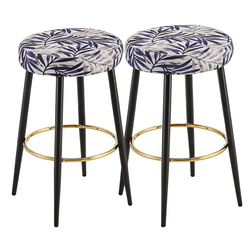 Modern Two-Piece Round Counter Stools – 25-Inch Bar Height With Gold Footrest, Leaf-Print Upholstered Seat, And Sleek Black Metal Legs; Perfect For Kitchen Islands Or Home Bars 1