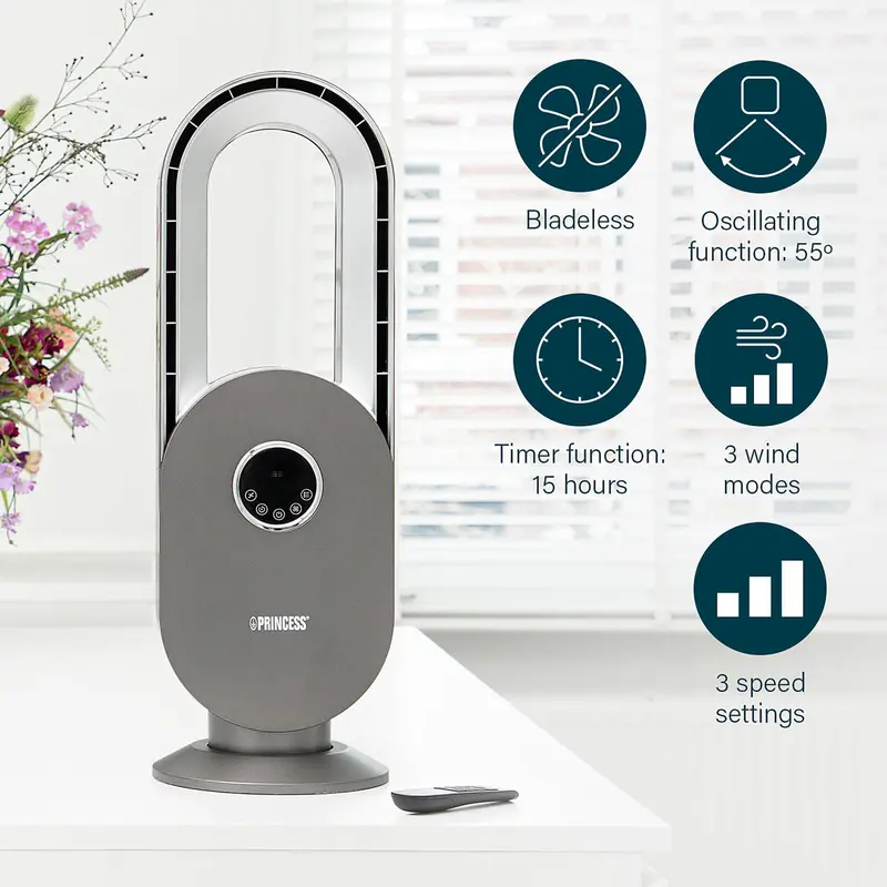 Princess Bladeless Oscillating Tower Fan – 3-Speed Cooling With Led Display & Remote 1