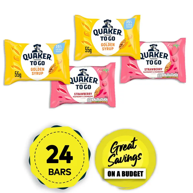 Quaker Oats Porridge To Go Bundle – Golden Syrup & Berry Flavours, 24 × 55G Bars, Fresh Best-Before Date 1