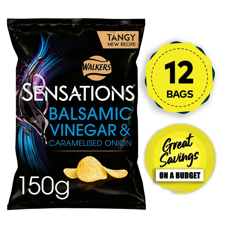 Sensations Balsamic Vinegar & Caramelised Onion Crisps – 12×150G Pack 1