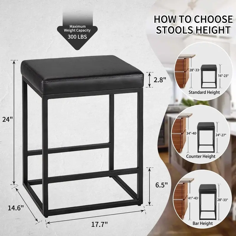 Set Of 2 Industrial-Style Bar Stools – Pu Leather Seat, Heavy-Duty Metal Frame, Footrest, And Non-Slip Base For Counter Or Bar Height Use 1