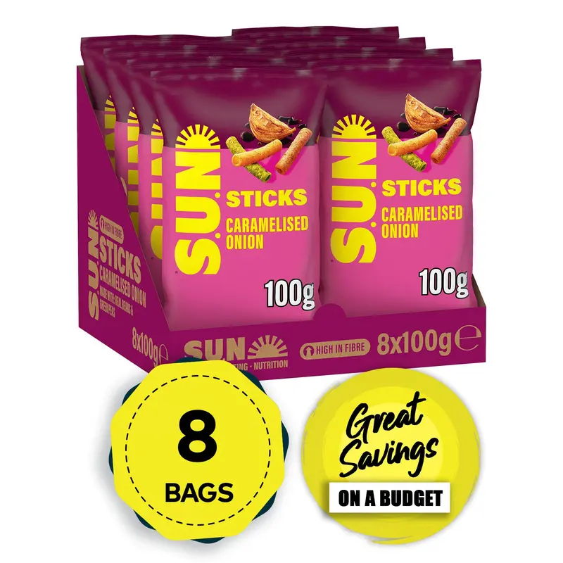 Sun Sticks Caramelised Onion & Balsamic Vinegar Crisps – 8-Pack (100G Each), Fresh Batch 1