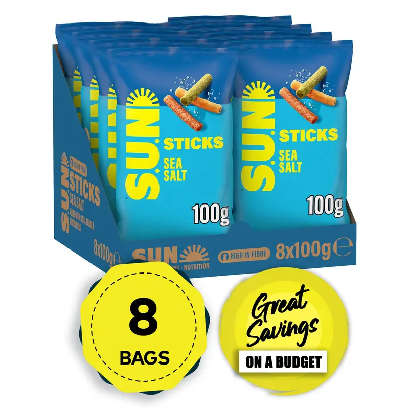 Sun Sticks Sea Salt Crisps – Sharing Size Bag (8 × 100G), Fresh Best-Before Date 1