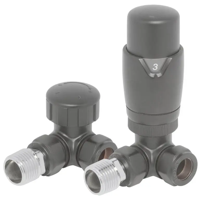 Towelrads Angled Thermostatic Radiator Valve & Lockshield Set – 15Mm X 1/2", Grey Finish 1