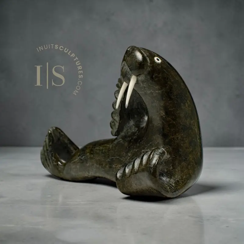 Vintage 10-Inch Basking Walrus Carving By Nuveeya Aipellee – 'Worshipping The Sun' 1
