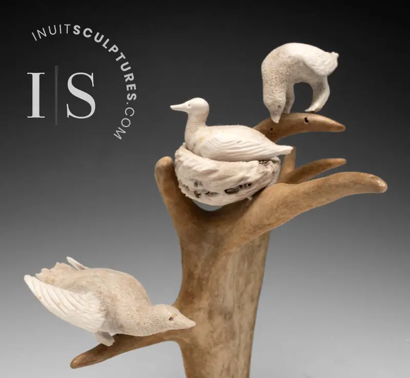 Vintage 10-Inch Nesting Birds Sculpture By Samyuallie Tabo – 'Night Shift' 1