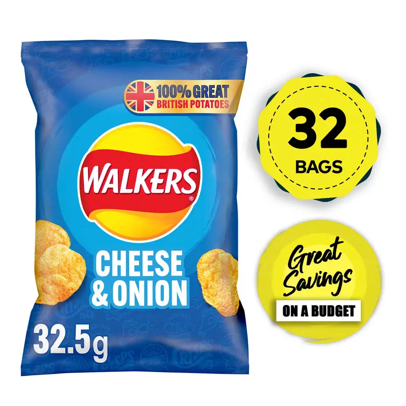 Walkers Cheese & Onion Crisps – 32 × 32.5G Snack Pack, Best Before June 2022 1